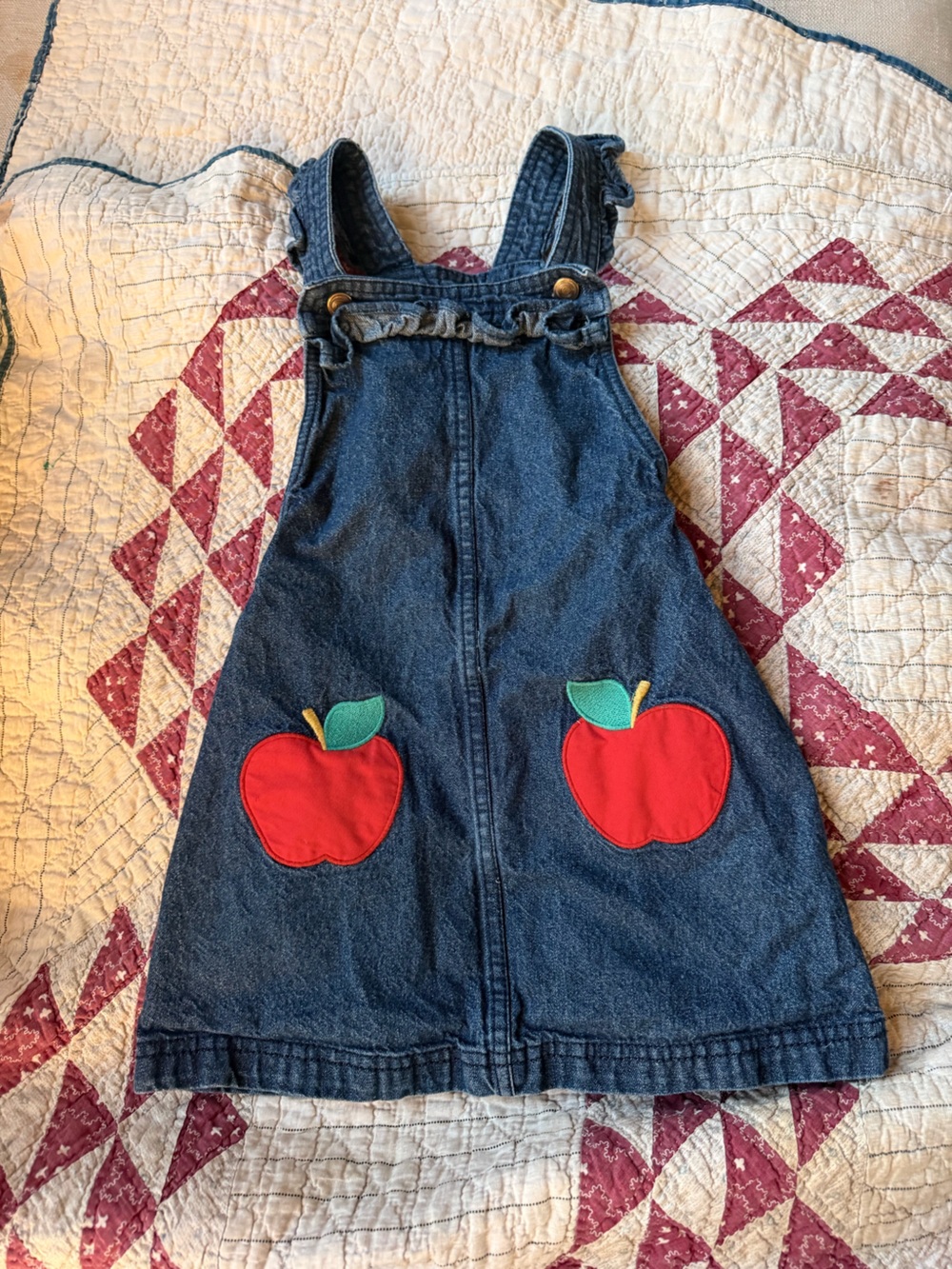 Cynthia Rowley Denim Overall Dress with Red Apple Appliqués